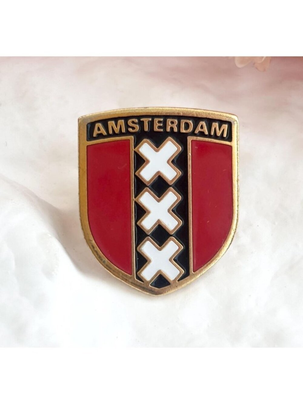 Amsterdam Coat of Arms / Crest Black & Red Vintage Tiny Enameled Gold Toned Pin